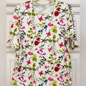 NEW never worn SZ L Lands' End White Floral Short Sleeve Tee with Pink & Red